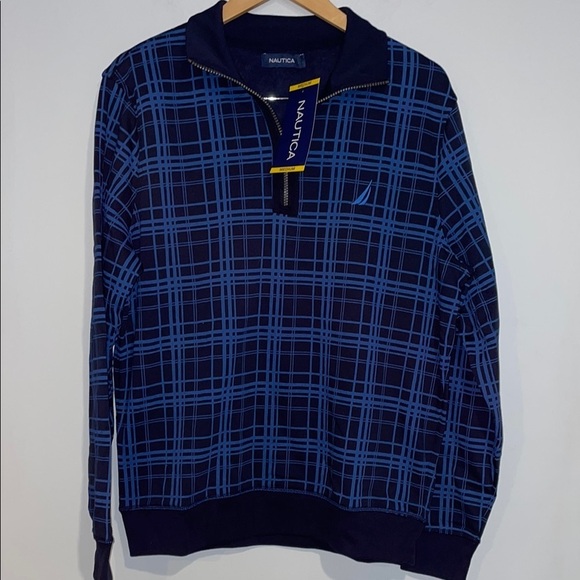 Nautica Men's Navy and Blue Checkered Zip-Up Sweater Sz Medium - Picture 1 of 4